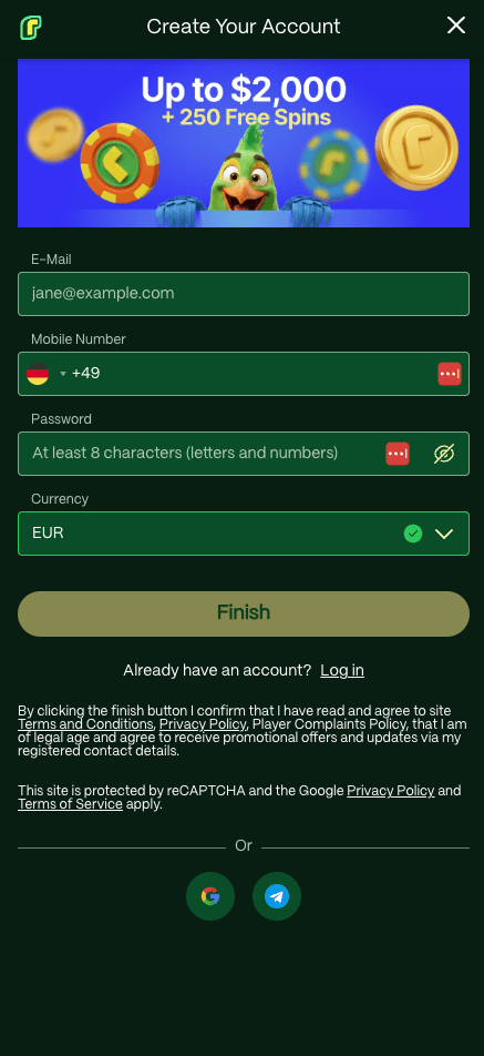 Anmeldeformular im Rioplay Casino