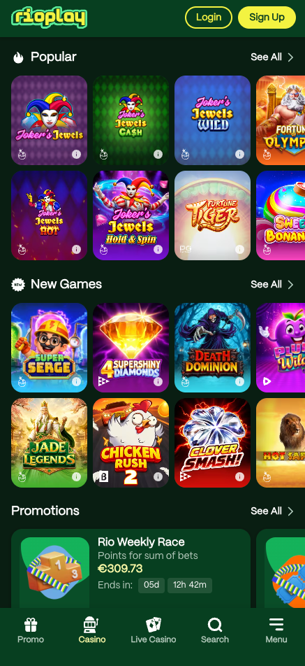 Spiellobby im Rioplay Casino zeigt beliebte Spiele wie Fortune Tiger neben anderen Spielkategorien
