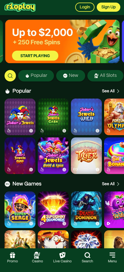 Startseite im Rioplay Casino zeigt Willkommensbonus und beliebte Spiele