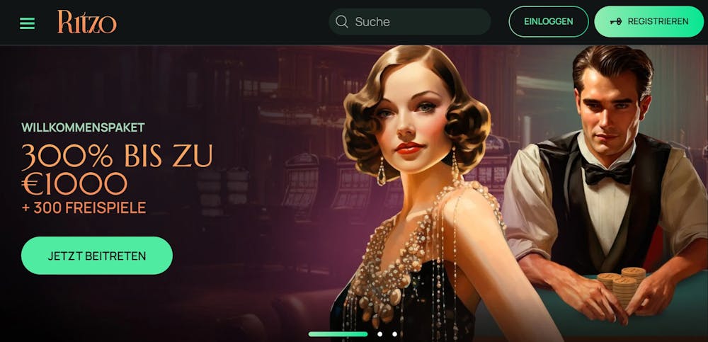 Die Homepage von Ritzo Casino, mit einem Willkommensbonus von 1000€ + 300 FS