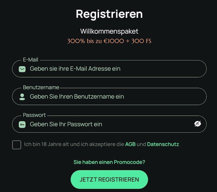 Die Registriermaske von Ritzo Casino