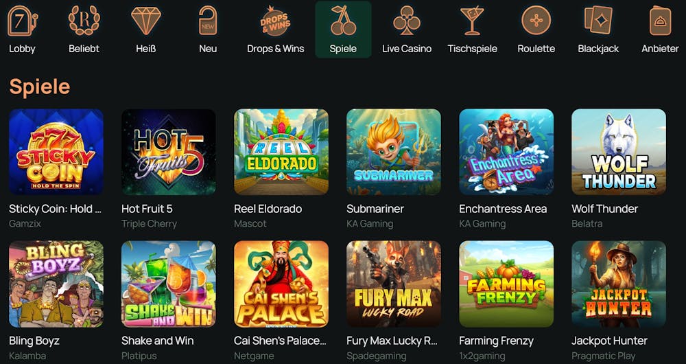 Die Spieleauswahl bei Ritzo Casino mit vielen verschiedenen Titeln