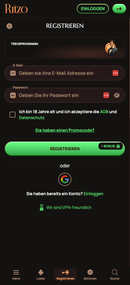 Die Registriermaske von Ritzo Casino