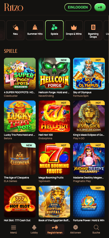 Spiellobby im Ritzo Casino zeigt Spiele wie Sky of Olympus