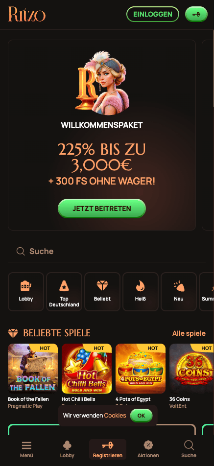 Startseite im Ritzo Casino zeigt Willkommensbonus und beliebte Spiele