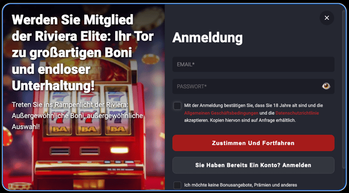 Anmeldeformular im Riviera Casino
