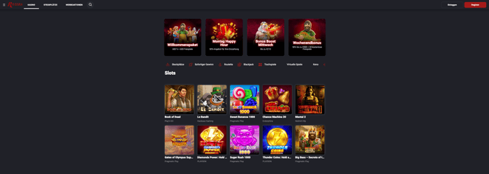 Startseite im Riviera Casino zeigt Spiele und Boni