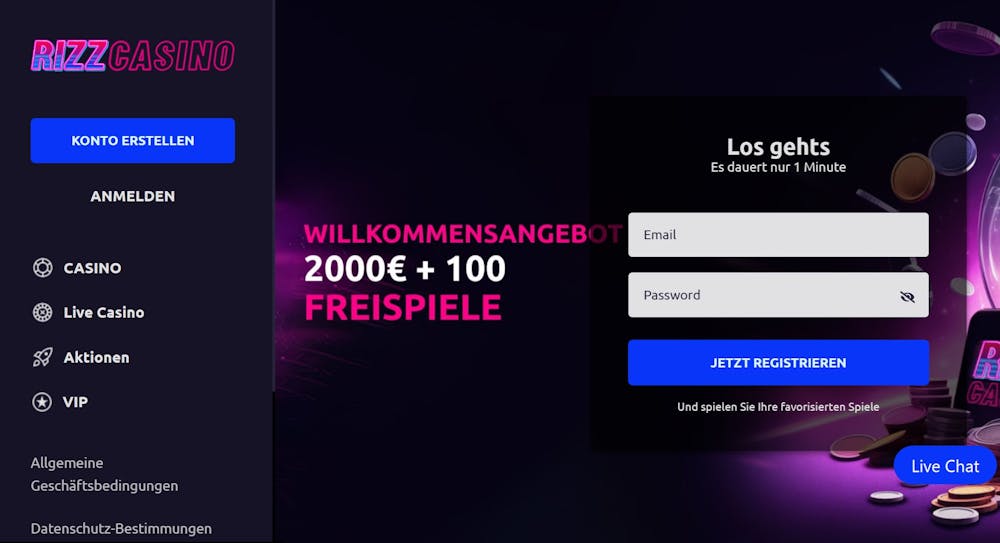 Rizz Casino Startseite mit Anmeldebutton und Menüleiste links und Willkommensbonusbanner und Anmeldeformular in der Mitte