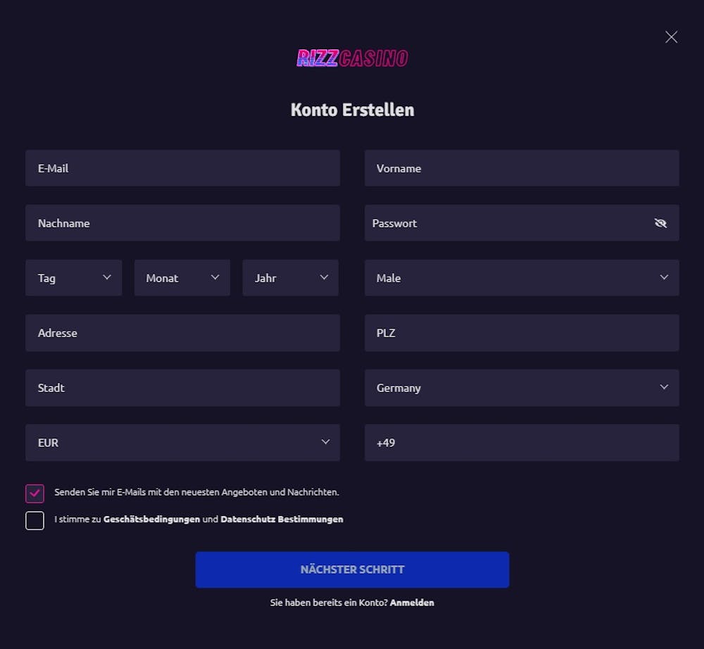 Rizz Casino Registrierungsformular