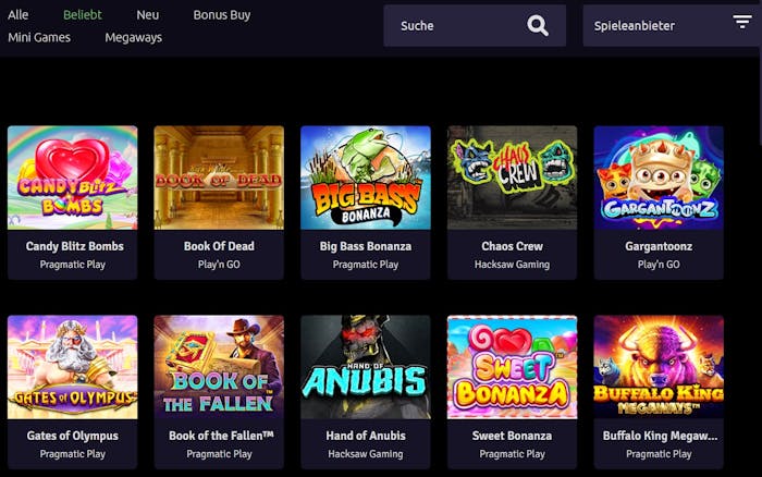 Rizz Casino Spiellobby mit Kategorien, Suchleiste, Anbieterfilter und beliebten Spielen