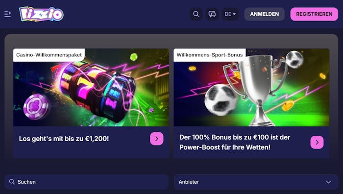 Rizzio Casino Screenshot, welcher die Startseite zeigt, auf welcher man sich einen Willkommensbonus aussuchen kann.