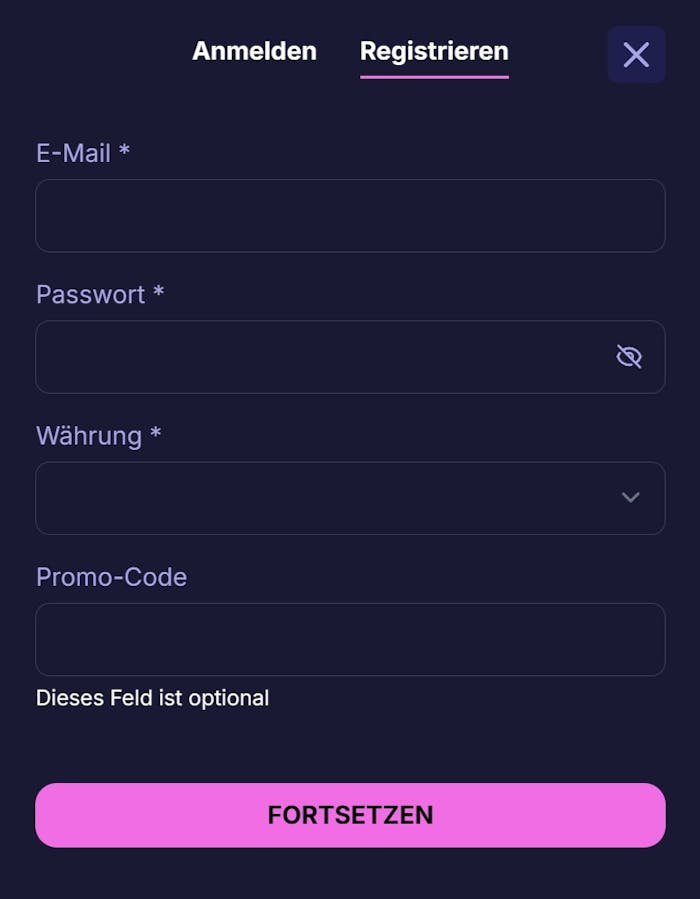 Screenshot vom Rizzio Casino mit der Anmeldeseite.