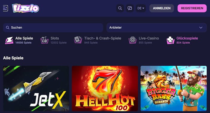 Screenshot vom Rizzio Casino, auf welcher man die Auswahl der Spiele sieht.