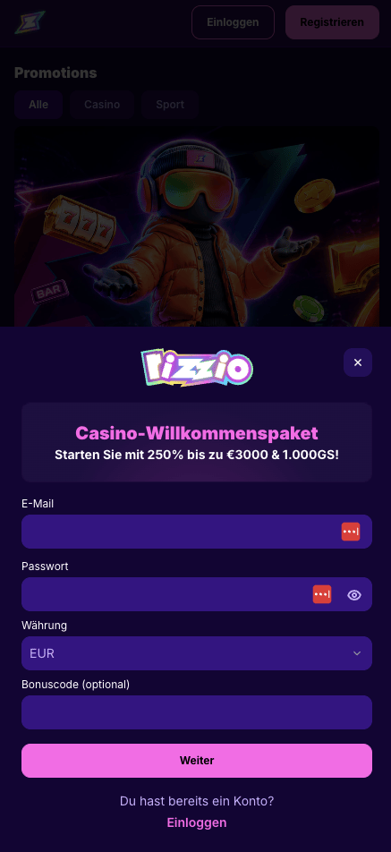 Screenshot vom Rizzio Casino mit der Anmeldeseite.