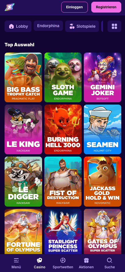 Spiellobby im Rizzio Casino zeigt Spiele wie Gemini Joker