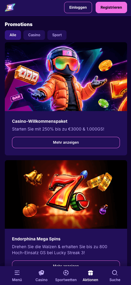 Rizzio Casino Screenshot, welcher die Startseite zeigt, auf welcher man sich einen Willkommensbonus aussuchen kann.