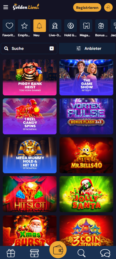 Spiellobby im Goldenlionbet Casino zeigt Spiele wie Piggy Bank Heist neben anderen Spielkategorien
