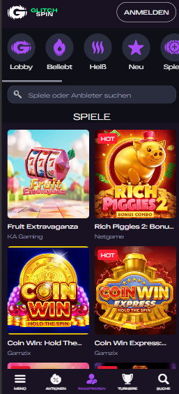 Spiellobby im Glitchspin Casino zeigt Spiele wie Fruit Extravaganza neben anderen Spielkategorien