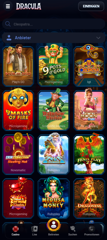 Spiellobby im Dracula Casino zeigt Spiele wie Book of Dead neben anderen Casino-Bereichen