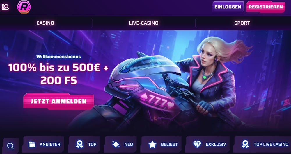 Die Homepage von Roby Casino, im Hintergrund eine blonde Frau auf einem Motorrad