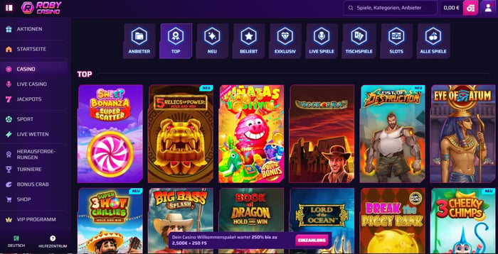 Spiellobby im Roby Casino zeigt top Spiele wie Book of Ra neben anderen Spielkategorien