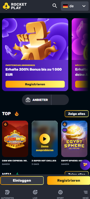 Rocketplay Casino Screenshot mit der Startseite und dem Willkommensbonus des Casinos.