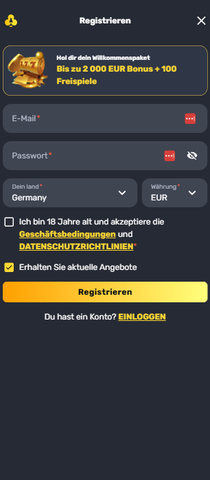 Rocketplay Casino Screenshot mit der Anmeldeseite zum Eingeben der Daten.