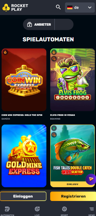 Rocketplay Screenshot mit den Slots des Casinos.
