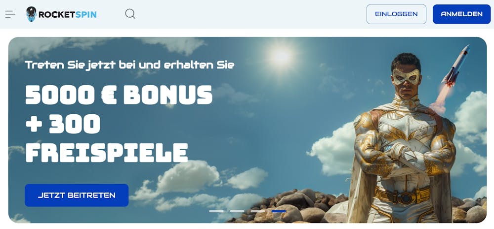 Die Homepage von Rocket Spin Casino, im Hintergrund eine Beschreibung über den Willkommensbonus von bis zu 5000€ +300 Freispielen