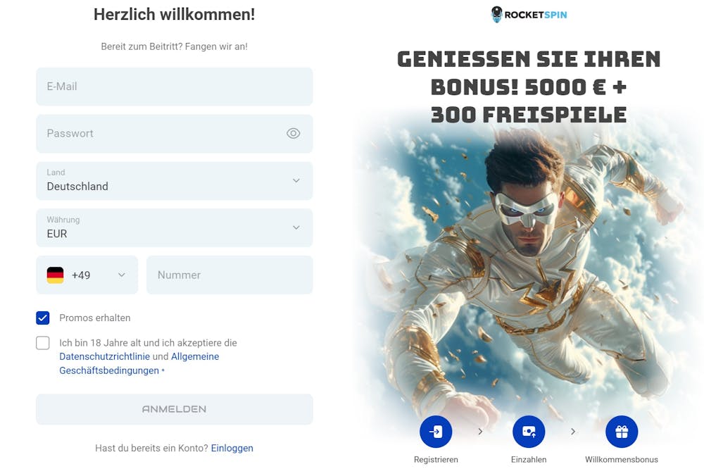 Die Registriermaske von Rocket Spin Casino, mi den Feldern Emal, Passwort, Land und Telefonnummer