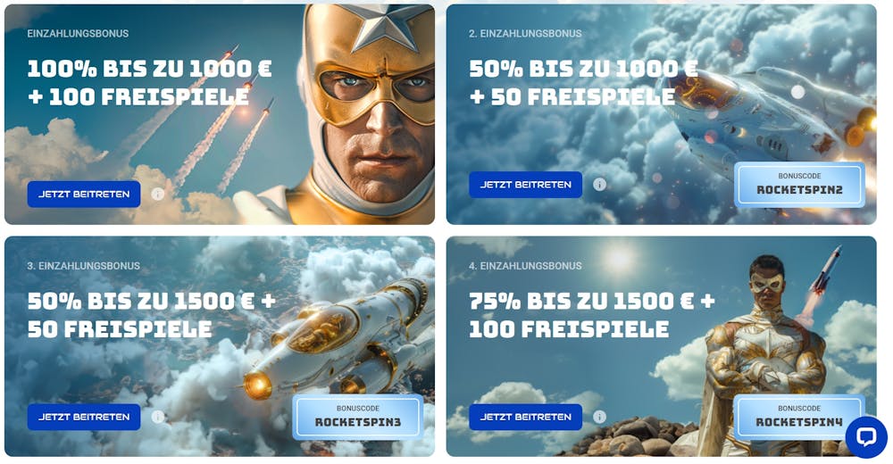 Die vier unterschiedlichen Stufen des Willkommensbonus bei Rocket Spin Casino