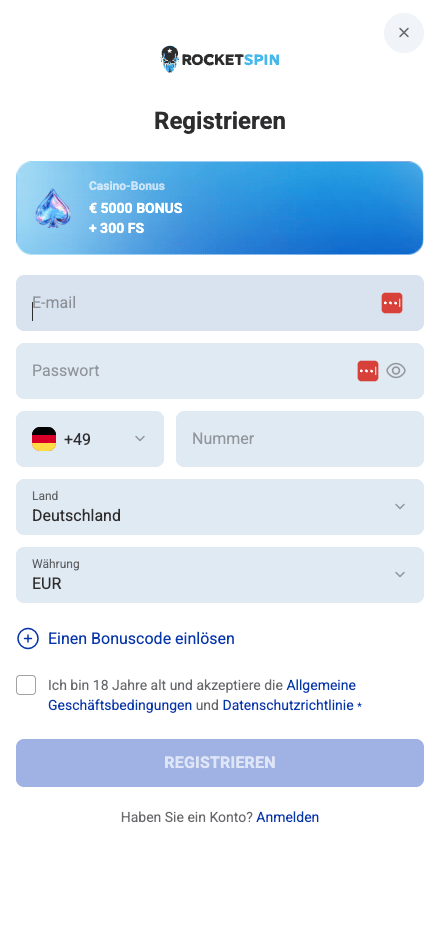 Die Registriermaske von Rocket Spin Casino, mi den Feldern Emal, Passwort, Land und Telefonnummer