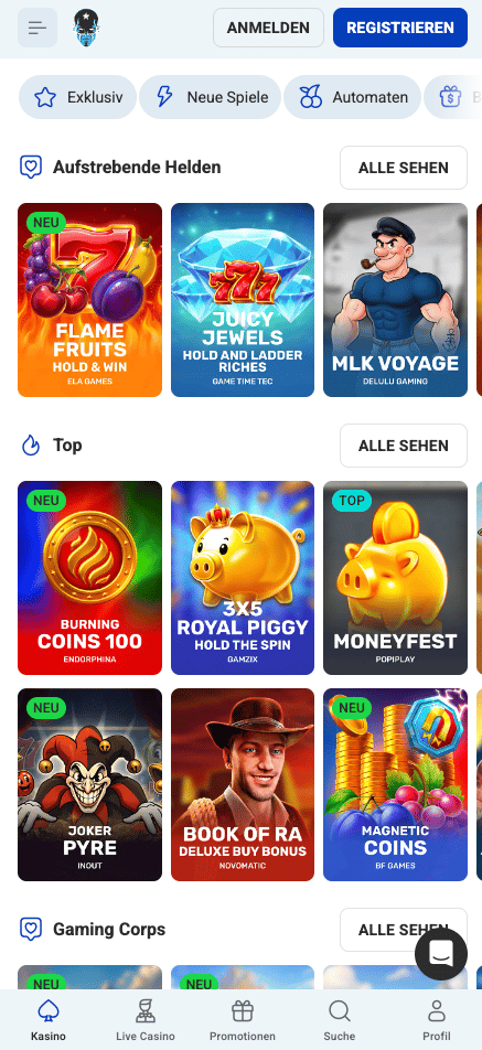 Spiellobby im Rocket Spin Casino zeigt top Spiele wie Moneyfest neben anderen Spielkategorien