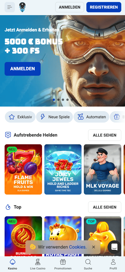 Die Homepage von Rocket Spin Casino, im Hintergrund eine Beschreibung über den Willkommensbonus von bis zu 5000€ +300 Freispielen