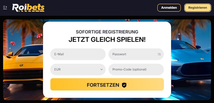 Roibets Casino Logo mit der Willkommensseite des Casinos, auf der man sich anmelden kann.