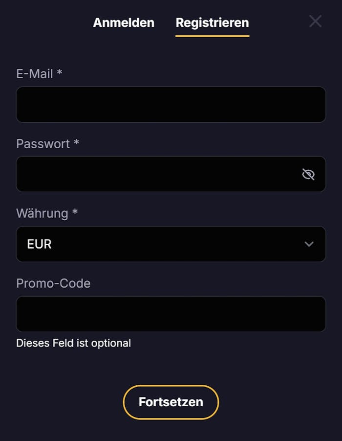 Roibets Casino Screenshot mit der Anmeldeseite zum Eingeben der Daten.
