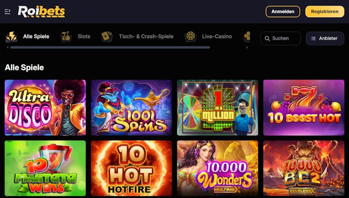 Roibets Casino Screenshot mit der Slot Auswahl des Casinos, darunter der Slot 10 Hot Hotfire.