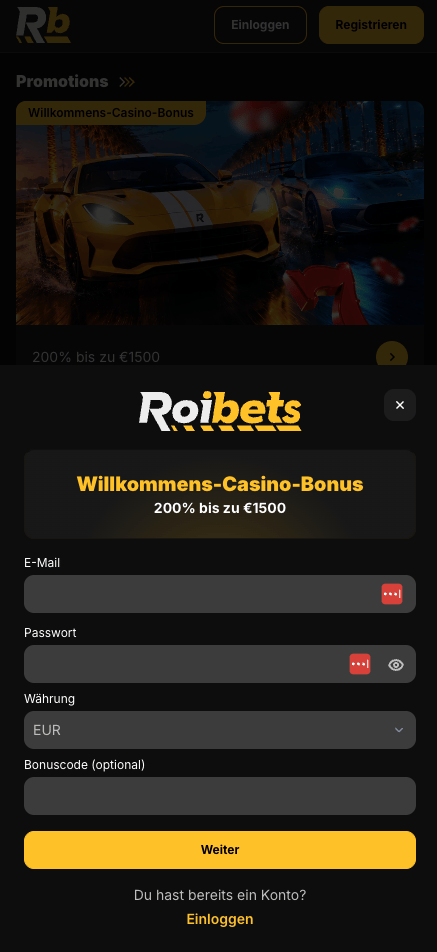 Anmeldeformular im Roibets Casino