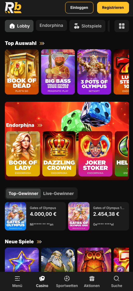 Spiellobby im Roibets Casino zeigt top Spiele wie Book of Dead neben anderen Spielkategorien