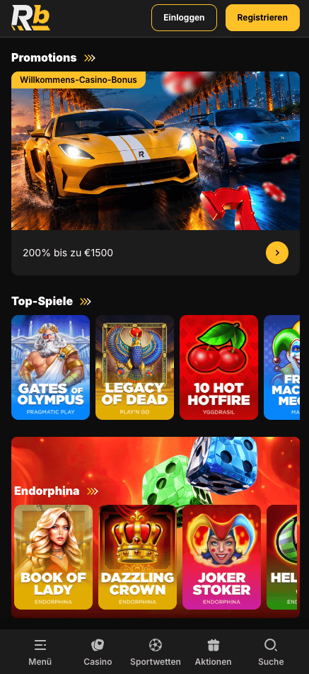 Startseite im Roibets Casino zeigt Willkommensbonus und top Spiele