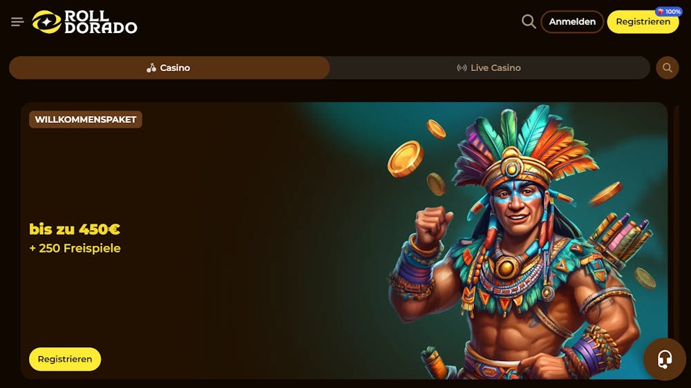 Startseite im Rolldorado Casino zeigt Willkommensbonusangebot