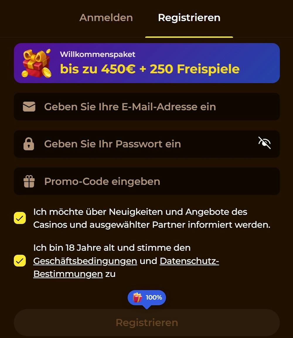 Anmeldeformular im Rolldorado Casino