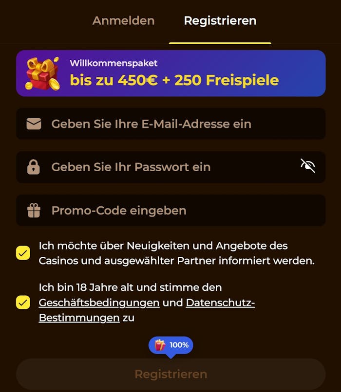 Anmeldeformular im Rolldorado Casino