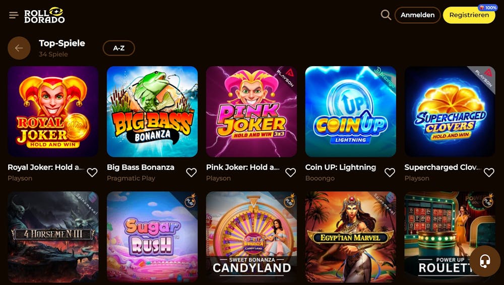 Spiellobby im Rolldorado Casino zeigt Spiele wie Big Bass Bonanza