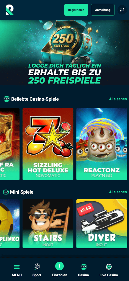 Startseite im Rolletto Casino zeigt Freispiele und beliebte Spiele