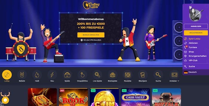Rolling Slots Casino Hauptseite, in der unteren Hälfte eine Übersicht über die verschiedenen Slot Kategorien