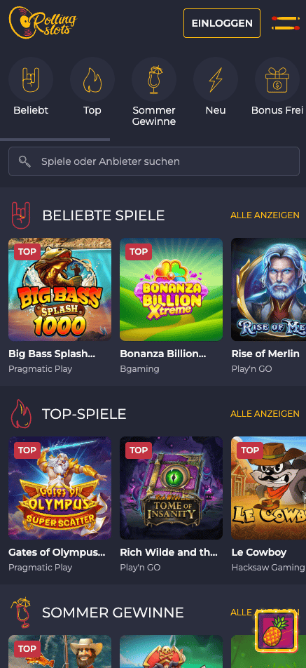Rolling Slots Casino Spielauswahl