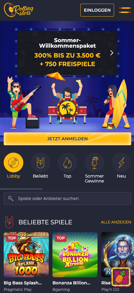 Startseite im Rolling Slots Casino zeigt Willkommensbonus und beliebte Spiele