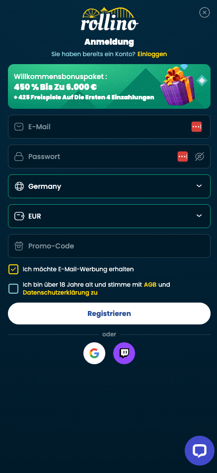 Rollino Casino Registrierung