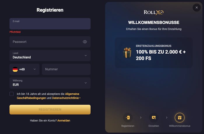 Anmeldeformular im RollXO Casino